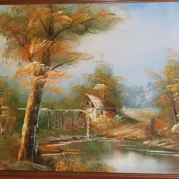 Original oil painting on Canvas landscape framed watermill, pond, cabin wall art - Picture 2 of 3